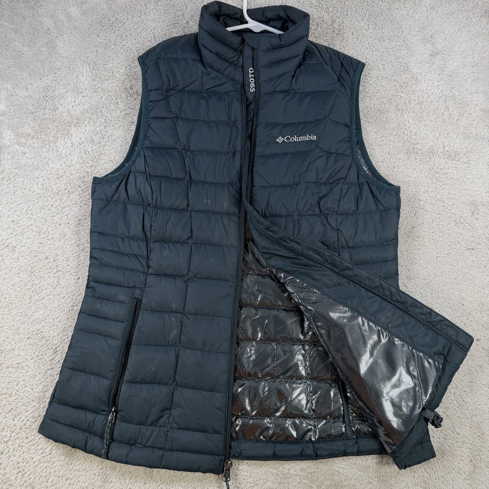 Columbia Vest Womens Medium Navy Down Puffer Omni-Heat Insulated Lined 590 Turbo